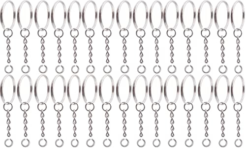 HOUSTA 100 Stück Schlüsselring mit Kette 25mm Schlüsselanhänger Ring Keyring Chain Epoxidharz Schlüsselanhänger Basteln für Schlüssel Handwerk, Schmuckherstellung, Rostfreies Metall (Silber)