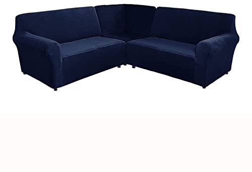 YLZBA Ecksofahusse L-Form, Elastische Samt Schonbezug Sofabezug L-förmige,Couchbezüge Stretch Sofa Abdeckung 3er Set for Schnittsofa Haustier Kindermöbelschutz(Navy)