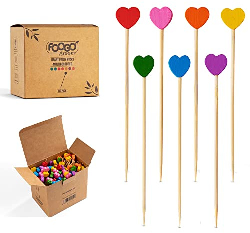 FOOGO Green 1500pcs Bamboo Cocktail Sticks, 9cm Fancy Multi-Coloured Heart | FSC® Certified, Cocktail Accessories for Drinks, Party Food Picks, Sturdy compostable Eco-Friendly Wooden Sticks