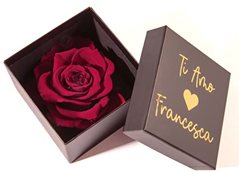 ROSEMARIE SCHULZ Heidelberg 1 dunkelrote Infinity Rose konserviert 8,5x8,5 cm haltbar 3 Jahre personalisierbare Rosenbox (Dunkelrot, Personalisiert)