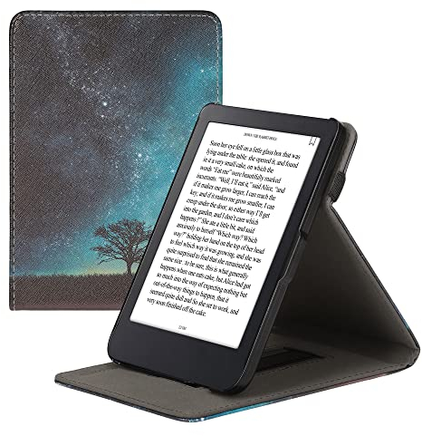 kwmobile Hülle kompatibel mit Kobo Clara 2E / Tolino Shine 4 Hülle - Case mit Schlaufe und Ständer - Galaxie Baum Wiese Blau Grau Schwarz