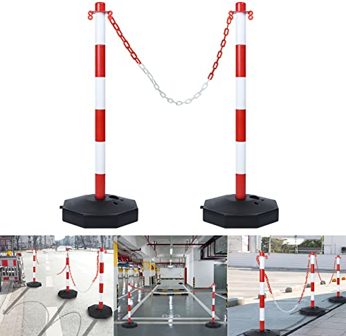 YRHome 2 Stück Absperrpfosten 82x28x28 cm Kettenpfosten aus Kunststoff Absperrung Sperrpfosten mit 2 Absperrketten von 140cm und Standfuß befüllbar mit Wasser und Sand Weiß/Rot Pfosten Kettenständer