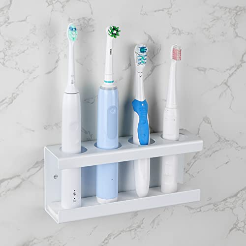 Adorila Electric Toothbrush Holder Wall Mount, 4 Slot Metal Stand, White | Fits Handles Under 3.5 cm Diameter, Steel Frame with Absorbent Diatomite Tray, Self-Adhesive Pad or Wall Plug Screw