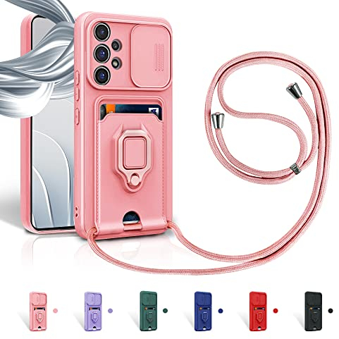 Aithne Case für Samsung Galaxy A52 4G/5G/A52s 5G Handykette Hüll,Slide kameraschutz,Silikon Handyhülle zum Umhängen Kette,360 Grad Ringhalter Stand Kartenfach-Pink