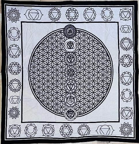 Indian Consigners Tischdecke, 7 Chakra-Tischdecke, quadratisch, Altar, Tarot-Aufstrich, Schwarz und Weiß