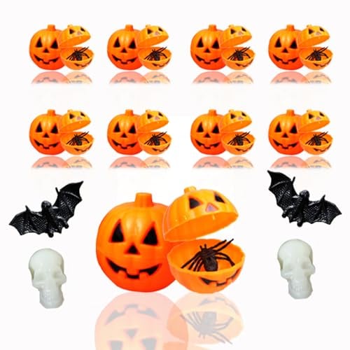 Huimai 15 Stück Mini Kürbis Eimer mit 26 Stück Halloween Deko, Mini-Totenköpfe, Fledermäuse, Spinne für Halloween Trick or Treat, Mini Herbst Süßigkeiten Töpfe,Kürbis Mini Ornamente(15)