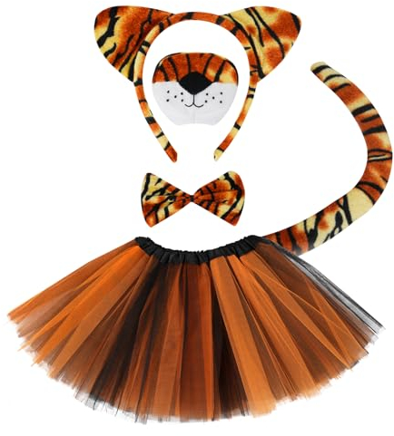 ACWOO Tierkostüm Kinder, 5-teiliges Set Mädchen Tutu Rock mit Zubehör Tier Ohren Stirnband Nase Fliege Tierpfoten Schwanz, Tier Verkleiden Set Karneval Party Halloween Kostüm (Tiger)