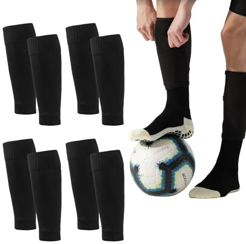 4 Pairs Football Sock Sleeves, Shin Guard Sleeves, Team Leg Sock Sleeve for Football Running or Training Beginner(Black Adult)
