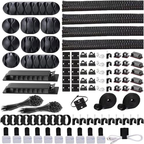 ELII 302PCS Cable Management Kit 4 Cable Sleeve,45Cable Clips,11Cable Holders,22 Roll Cable Organizer Straps and 200 Fastening Cable Ties,20 Cable Zip Tie Mounts Computer Under Desk (Black)