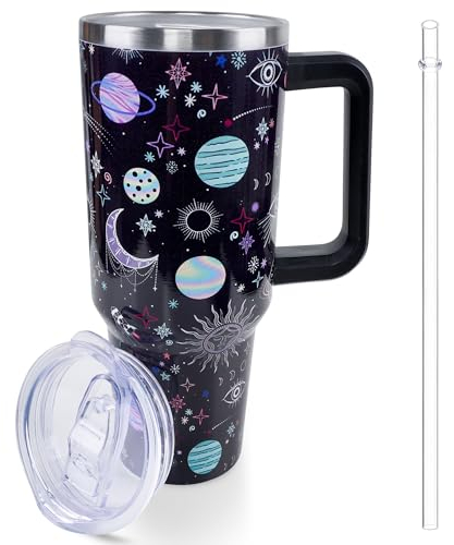 Lumumanber 40 oz Goth Moon Tumbler with Handle and Straw, Black Gothic Travel Mug Water Bottle, Stainless Steel Insulated Cup with Lid and Straw, Birthday Christmas Halloween Gifts