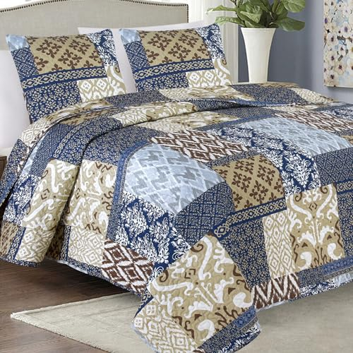 Euromat Tagesdecke Steppdecke Bettüberwurf Gesteppte Tagesdecke mit 2 Kissenbezüge 40x40 cm- (Blau Beige Braun- SY-6750, 220x240 cm)