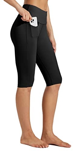WILLIT Damen Knielange Caprihose Leggings Capri mit Taschen High Waisted Übung Capris Hosen für den Sommer Yoga Workout Schwarz M