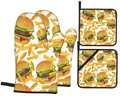 4 Stück Ofenhandschuhe Set Hamburger Fries Bettwäsche 3D Giant Burger Fun Fast Food Kreative Tagesdecken Grillhandschuhe Hitzebeständige Topfhandschuhe, Für Grillen, Backen