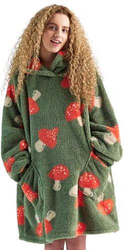 Bedsure Oversized Blanket Hoodie Wearable - Ultra Soft Sherpa Fleece Cosy Sweatshirt Throw with Hood & Pocket, Gifts for Women Men, Mushroom