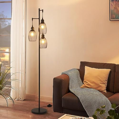 kaixunl Schwarze Stehlampe, Eisen-Stehlampe Vintage-Stehlampen Vogelkäfigförmige Stehlampes, Geeignet Für Den Einsatz Im Wohnzimmer, Schlafzimmer, Arbeitszimmer Und Büro, Drei Lampenköpfe E27, H160cm
