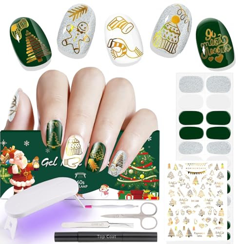EBANKU Christmas Semi Cured Gel Nail Strips - 24PCS Stickers, Long Lasting, Easy to Apply & Remove - Blue White Glitter