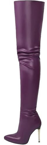Stivali alti fino alla coscia da donna, taglie forti, stivali sopra il ginocchio in PU artificiale, scarpe da ballo da donna, stivali alti fino al ginocchio da donna con cerniera laterale,Viola,38