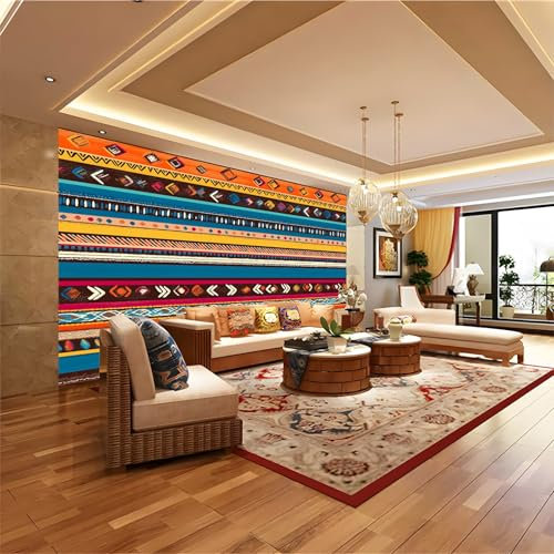 Papier peint intissé Imprimés à rayures de style bohème 400 x 280 cm Toison Mur Muraux Décoration Murale Salon Chambre couleur orange Papier peint pour différentes pièces