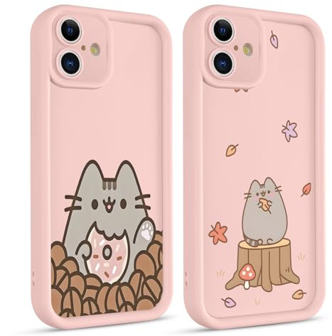2 Stück Handyhülle für Apple iPhone 16 6.1, Anime Cartoon Cute Katze Pusheen Cat Manga Muster mit Weich TPU Silikon Schutzhülle Kawaii Case Stoßfest Kratzfest Bumper Cover, Blätter