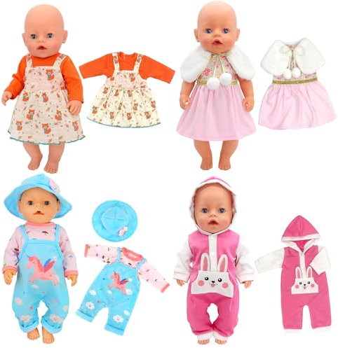 Xerteam 4 Stück Puppenkleidung für Baby Puppen, Kleidung kompatibel mit 35-43 cm New Born Baby Puppen, Puppenkleidungsset für Jungen und Mädchen, Dress-Up Fashion Baby Puppenkleidung Zubehör