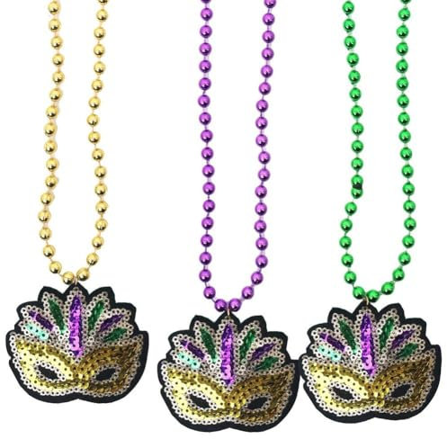 Fopytu Mardi Gras Perlenketten, 3 Stück Kugelperlenketten, Mardi Gras Lila Gold Grün Perlenkette Für Maskerade Karneval Kostüm
