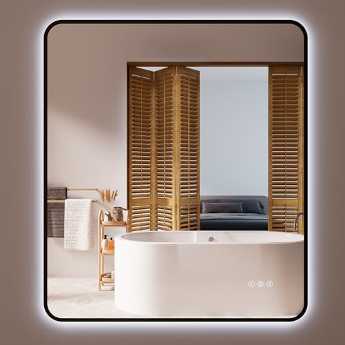 Ô Bain Badspiegel mit LED Beleuchtung 70x 80 cm - 2 Stereo-Bluetooth-Lautsprecher - Antibeschlagsystem - 3 Farbtemperaturen - Dimmbare Helligkeit