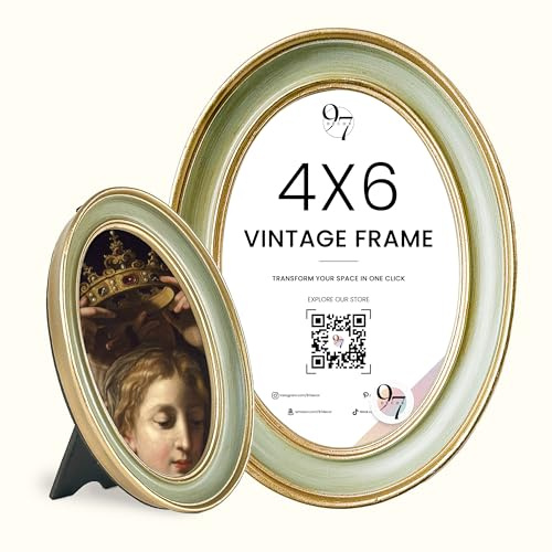 97 Decor Green Gold Oval Picture Frame 4x6, Vintage Ornate Antique Frame