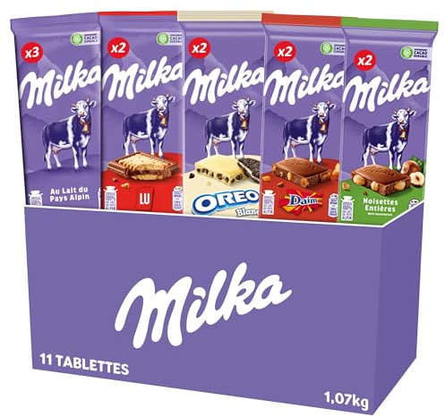 Milka - Box Chocolat Cadeau - Assortiment de 11 Tablettes de Chocolat au Lait - 5 Saveurs : Lait du Pays Alpin, Biscuit Lu, Oreo Blanc, Daim, Noisettes Entières - Chocolats à Offrir - Lot de 1,07kg