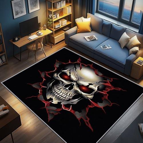 AevuCub Totenkopf Deko, Horror Teppich 240x340 Kurzflor, Großer Teppich Wohnzimmer Gothic Skelett, Weich rutschfest Waschbare Teppiche, Bettvorleger Schlafzimmer Kinderzimmer A&-169