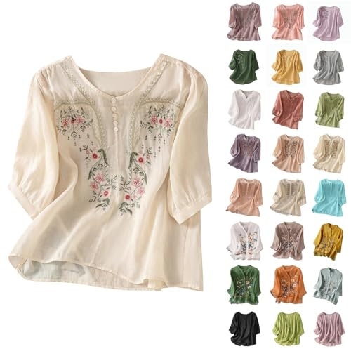 Womens Linen Shirts Linen Shirt Women Summer Embroidery Tunic Tops Retro Jacquard Short Sleeve Boho Blouse Casual Loose Fit Flowy Hem Tee Holiday Essentials for Women