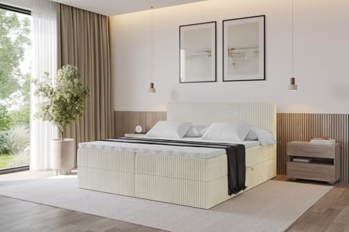 ALTDECOR Boxspringbett mit Matratze und Lattenrost, Topper, Polsterbett mit Bettkasten, Bett mit Stauraum H4-Matratze, Doppelbett, Boxbett - TOLO 120x200 Cord - Creme