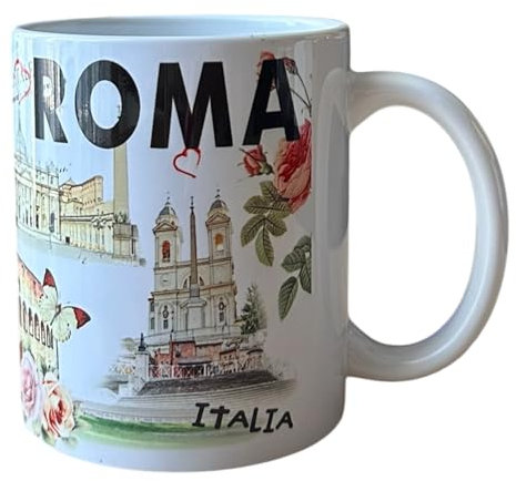 GMM Tazza Decorativa Roma, Souvenir Italia con Monumenti Storici e Motivi Floreali, in Ceramica