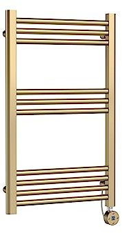 Round Tube Heated Towel Rail with 10 Bars, 800 x 500mm, Brushed Brass