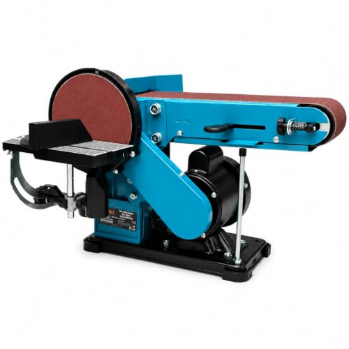 KATSU Tools Levigatrice a nastro e disco da banco da 350 W, disco da 150 mm, nastro abrasivo 100 x 914 mm, tavolo regolabile ed estrazione della polvere, ideale per legno, metallo, plastica, modello