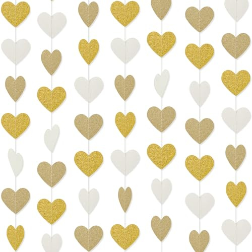 Herz Papier Girlande Weiß Gold Deko Hängende Papierbanner Herzgirlande Dekorationen für Jahrestag Baby Shower Brautparty Bachelorette Verlobung Valentinstag Weihnachten Hochzeit Engagement Party Dekor