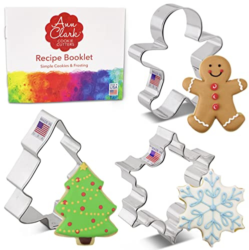 Ann Clark Cookie Cutters Juego de 3 cortadores de galletas Navidad/festividades con libro de recetas, copo de nieve, hombre de jengibre y árbol de Navidad - Acero fabricado en EE. UU.