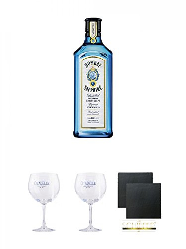 Bombay Sapphire Gin 1,0 Liter + Citadelle Ballon GIN Glas 1 Stück + Citadelle Ballon GIN Glas 1 Stück + Schiefer Glasuntersetzer eckig ca. 9,5 cm Ø 2 Stück