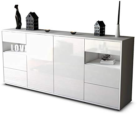 Stil.Zeit Sideboard Francesca, Korpus Weiss matt, Front Hochglanz Weiß (180x79x35cm) Push-to-Open Technik & Leichtlaufschienen