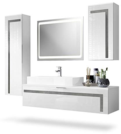 Vladon Badmöbel Komplettset Aloha, Made in Germany, Korpus in Weiß matt/Fronten in Weiß Hochglanz mit Absetzungen in Beton Dunkel Optik, mit Aufsatzwaschbecken und LED Spiegel