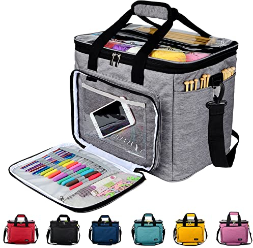 Hoshin Knitting Bag for Yarn Storage, Portable Crochet Tote Bag Yarn Organizer for Crochet Patterns and Hooks, Needles, Skeins of Yarn-Enjoy Knitting/Crocheting Anywhere(Gray)