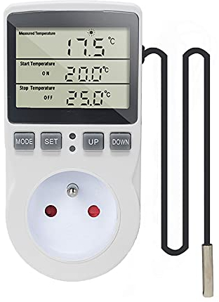 KETOTEK Presa Termostato Regolatore di Temperatura Digitale 220V Riscaldamento Raffreddamento con Sonda, LCD Presa Regolatore di Temperatura per Frigo Incubatore Serre Ventilatore