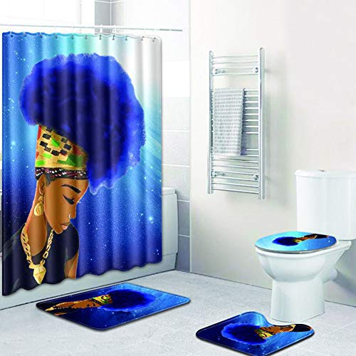 Badgarnitur Set-4tlg,rutschfeste Badematten+Wasserdicht Antibakterielles Badezimmer Vorhänge mit 12 Haken+Deckel WC Bezug+U-förmiger Badezimmer Matte Cooles Mädchen Muster Duschvorhang G 45x75CM