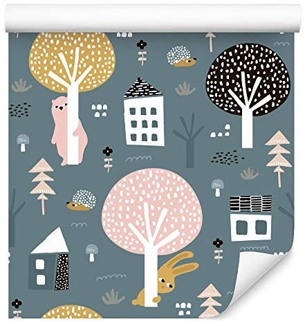 Muralo Tapete 10m Rolle Vlies Tapete Tiere Bären Hasen Igel Wald Bäume Vliestapete 1000 x 53cm Wand Tapete Wohnzimmer Kinderzimmer Moderne Wanddeko Wand Dekoration