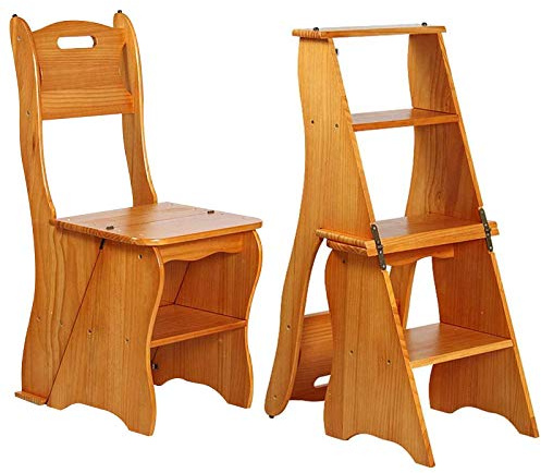 Wooden Folding Library Ladder Chair,2 in 1 Lightweight Portable Multifunctional Step Stool, 4-Step Stool Dual Purpose Stepladders, Display Stand and Flower Stand for Home(Light Walnut)