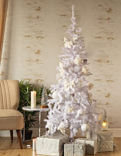 Marco Paul Interiors Christmas Tree 6ft White Artificial Xmas Trees, Traditional Winter Pine Spruce Snow Christmas Trees, Xmas Indoor Outdoor Christmas Tree Snowy Decoration Metal Stand