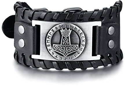 Aotiwe Unisex Bracelets for Adults, Black Bracelet Bands Viking Thor's Hammer Symbol Bracelet Stainless Steel