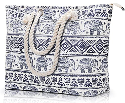 KALIDI Große Strandtasche mit Reißverschluss Wasserdicht Badetasche Strandtasche XXL Familie Beach Tote Bag mit Reißverschluss Große Shopper Damen Sporttasche Schultertasche, Elefant