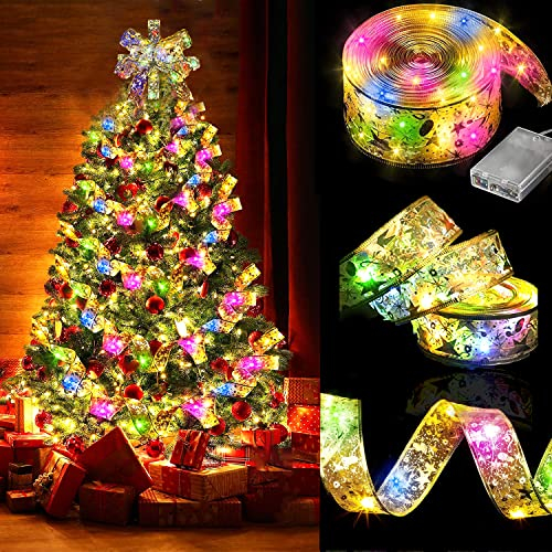 YeahBoom Weihnachtsband Lichter,10M 100 LED Glänzende Band Lichterkette,Schleife Weihnachtsbaum Lichter,Weihnachtsbaum Band,für Indoor Outdoor Weihnachtsbaumschmuck,Party,Hochzeit,Urlaubsdeko