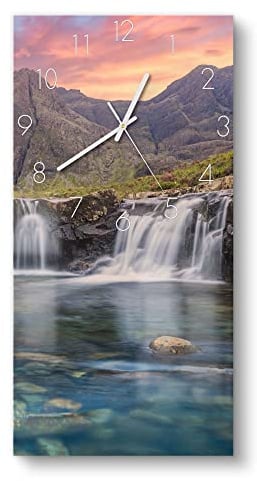 DEQORI Glasuhr | horizontal 30x60 cm | Motiv Wasserfälle im Abendlicht | große XXL Design Uhr aus Glas | leise Wanduhr für Wohnzimmer & Küche | moderne Hingucker Uhr für die Wand