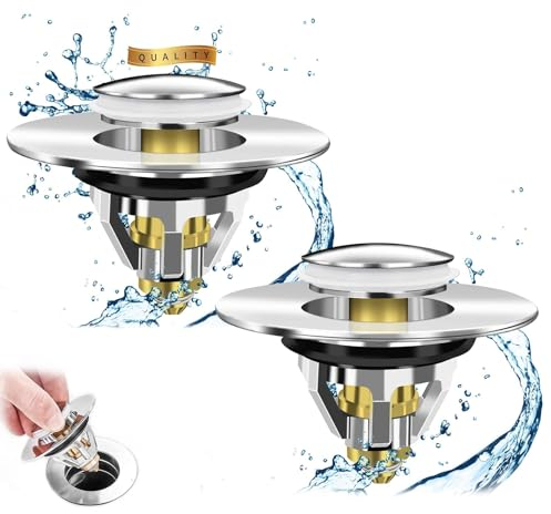 Tappo per lavandino, valvola pop-up universale, tappo di scarico, tappo di scarico, tappo in metallo con filtro contro intasamento, e 2 guarnizioni per lavabo Ø 37 – 41 mm (2 pezzi)